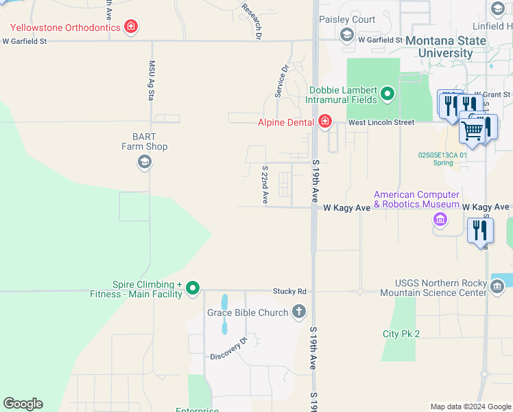 map of restaurants, bars, coffee shops, grocery stores, and more near 1 West Kagy Boulevard in Bozeman