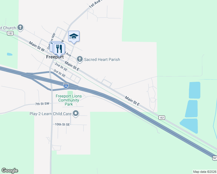 map of restaurants, bars, coffee shops, grocery stores, and more near 511 Main Street East in Freeport