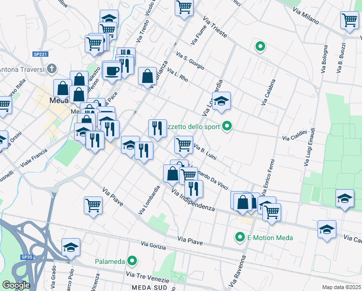 map of restaurants, bars, coffee shops, grocery stores, and more near 39 Via Lombardia in Meda
