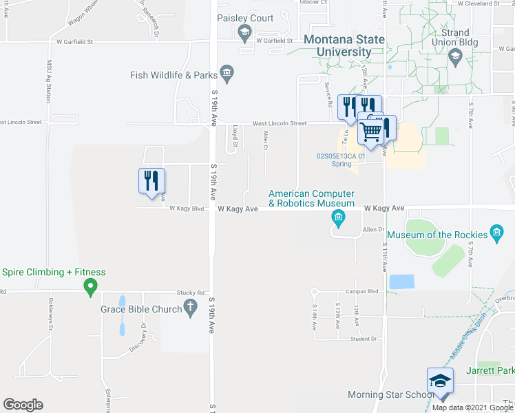 map of restaurants, bars, coffee shops, grocery stores, and more near 1783 West Kagy Boulevard in Bozeman