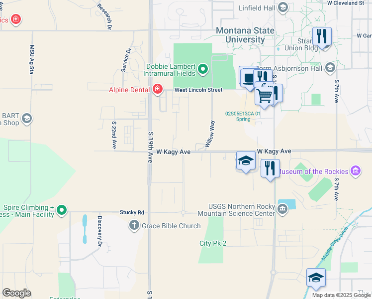 map of restaurants, bars, coffee shops, grocery stores, and more near 1733 West Kagy Avenue in Bozeman