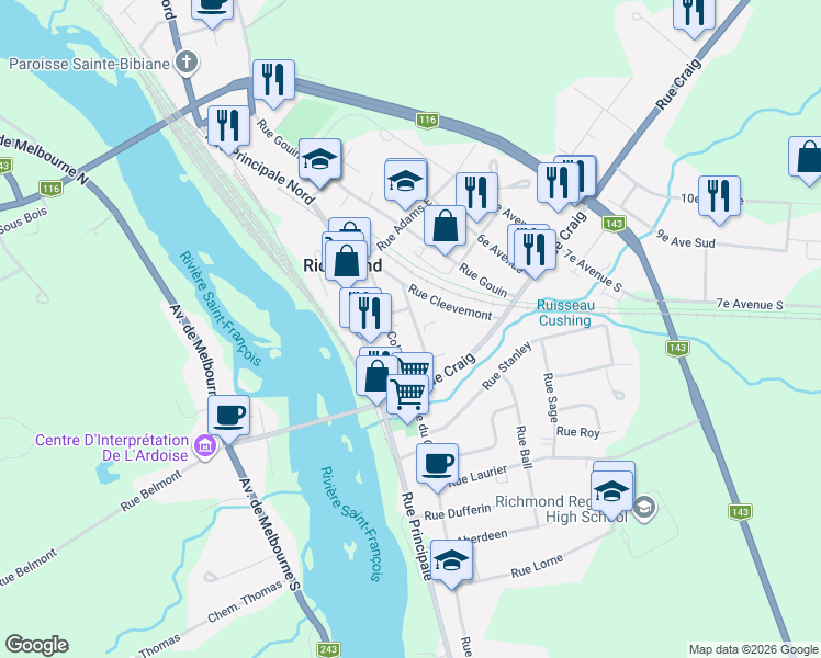 map of restaurants, bars, coffee shops, grocery stores, and more near 183 Rue Barlow in Richmond