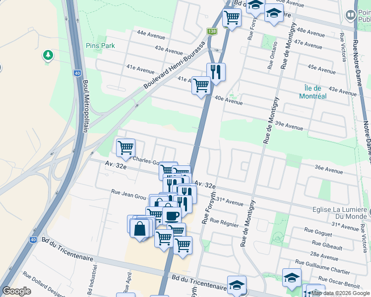 map of restaurants, bars, coffee shops, grocery stores, and more near 13313 Rue Sherbrooke Est in Montréal