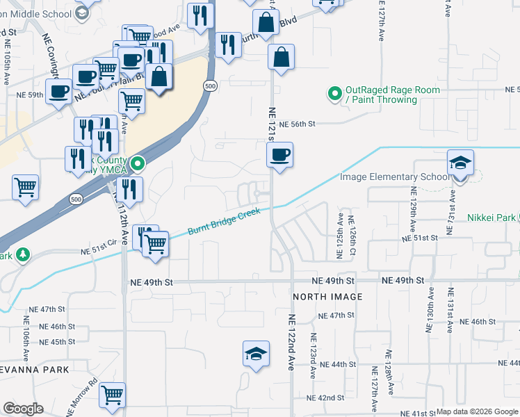map of restaurants, bars, coffee shops, grocery stores, and more near 5264 Northeast 121st Avenue in Vancouver