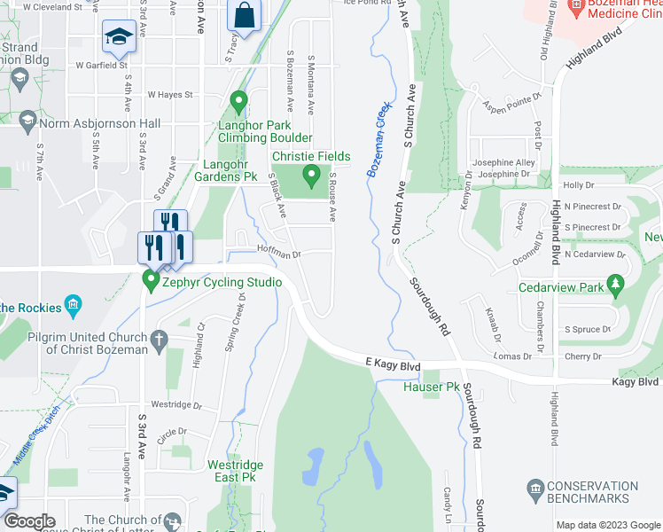 map of restaurants, bars, coffee shops, grocery stores, and more near 1811 South Rouse Avenue in Bozeman