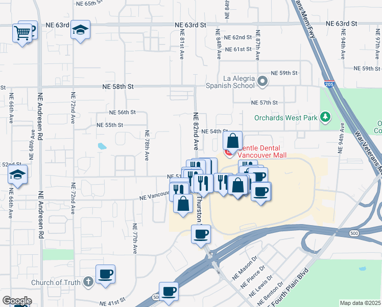 map of restaurants, bars, coffee shops, grocery stores, and more near 5300 Northeast 82nd Avenue in Vancouver