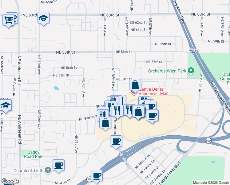 map of restaurants, bars, coffee shops, grocery stores, and more near 8201 Northeast 53rd Way in Vancouver