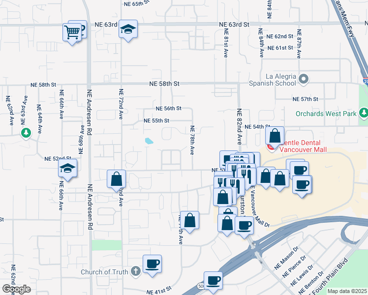 map of restaurants, bars, coffee shops, grocery stores, and more near 5129 Northeast 77th Avenue in Vancouver