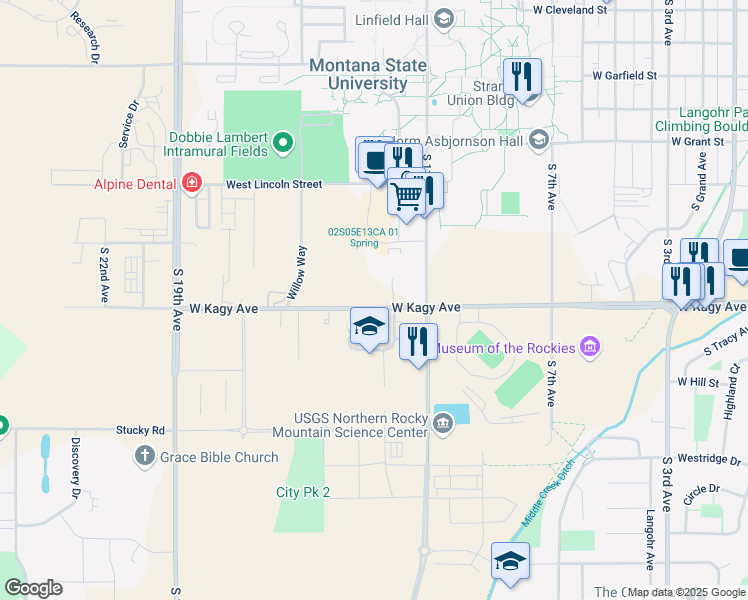map of restaurants, bars, coffee shops, grocery stores, and more near 1905 Stadium Drive in Bozeman