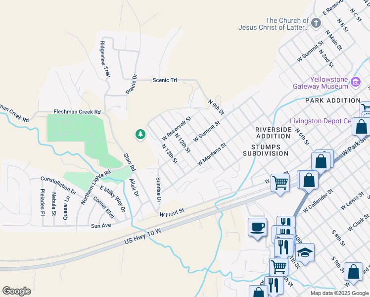 map of restaurants, bars, coffee shops, grocery stores, and more near 613-619 North 12th Street in Livingston