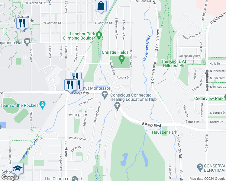 map of restaurants, bars, coffee shops, grocery stores, and more near 1901 South Black Avenue in Bozeman