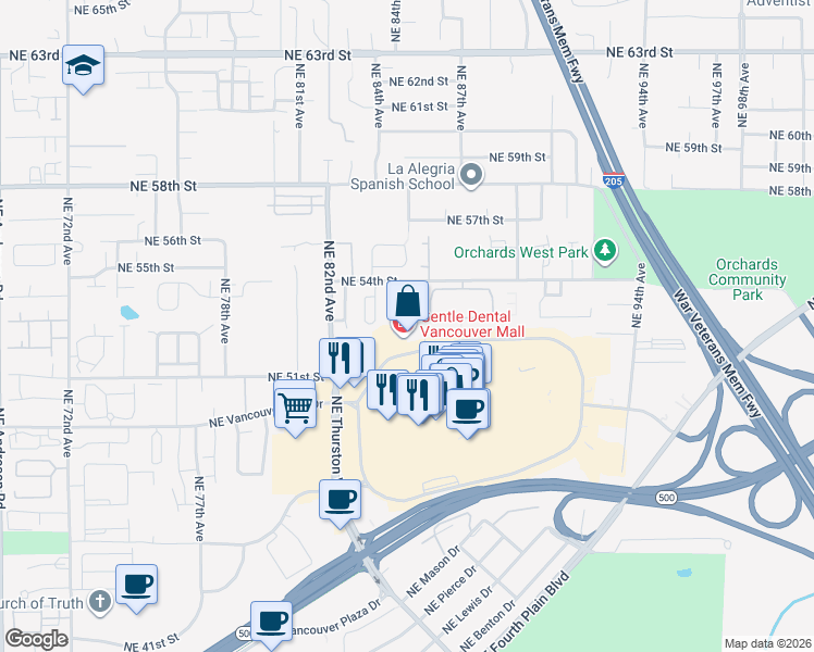map of restaurants, bars, coffee shops, grocery stores, and more near 8700 Northeast Vancouver Mall Loop in Vancouver