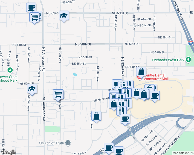map of restaurants, bars, coffee shops, grocery stores, and more near 5118 Northeast 78th Avenue in Vancouver