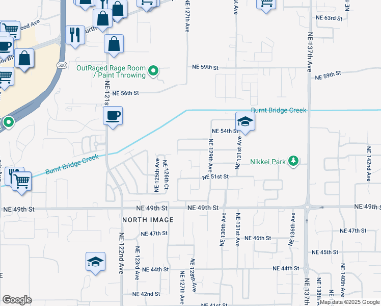map of restaurants, bars, coffee shops, grocery stores, and more near 12719 Northeast 53rd Street in Vancouver