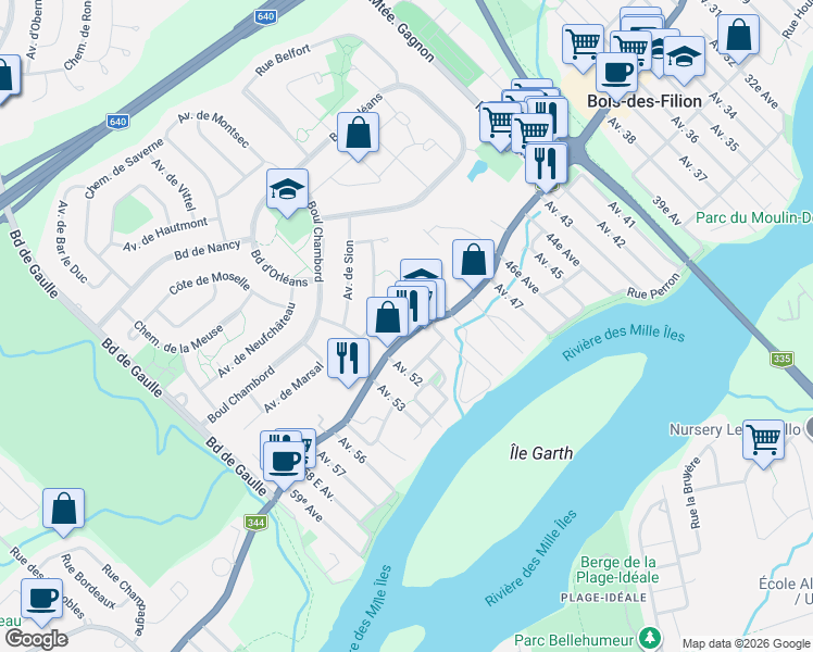 map of restaurants, bars, coffee shops, grocery stores, and more near 565 Boulevard Adolphe-Chapleau in Lorraine