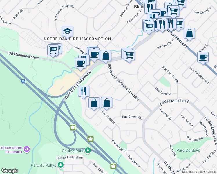 map of restaurants, bars, coffee shops, grocery stores, and more near 22 Rue des Camélias in Blainville