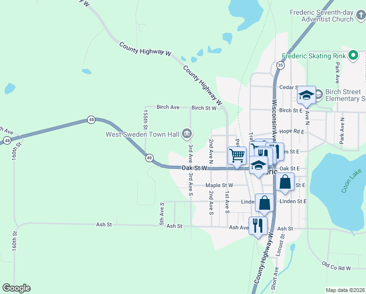 map of restaurants, bars, coffee shops, grocery stores, and more near 600 Oak Street West in Frederic