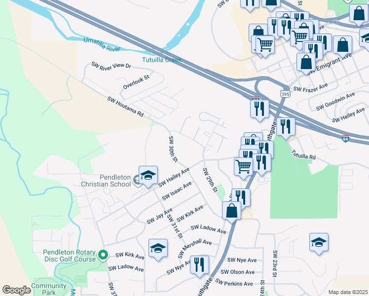 map of restaurants, bars, coffee shops, grocery stores, and more near 604 Southwest Hailey Avenue in Pendleton