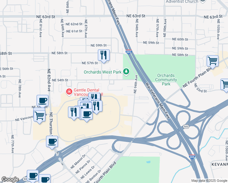 map of restaurants, bars, coffee shops, grocery stores, and more near 8700 Northeast Vancouver Mall Drive in Vancouver