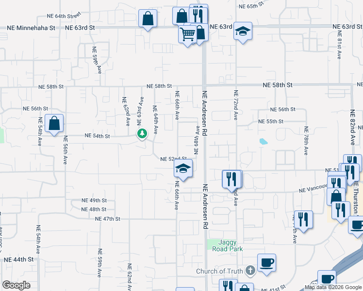 map of restaurants, bars, coffee shops, grocery stores, and more near 6604 Northeast 52nd Street in Vancouver