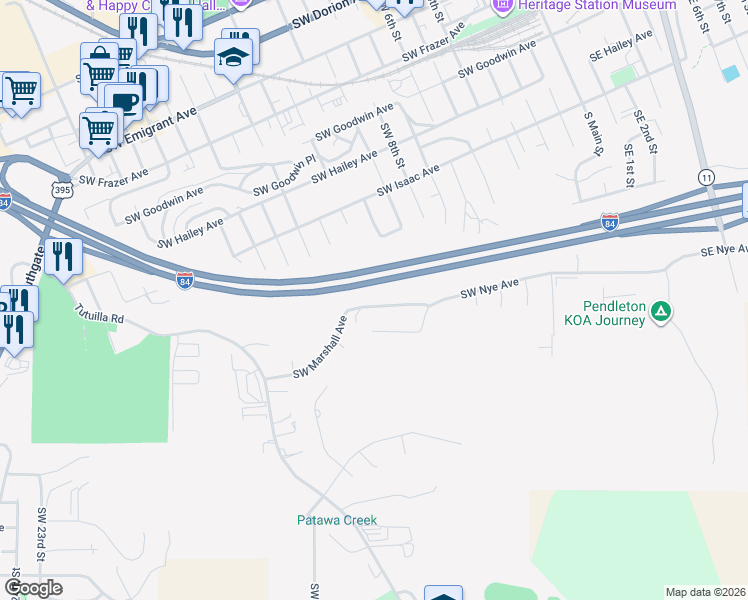 map of restaurants, bars, coffee shops, grocery stores, and more near 1035 Southwest Marshall Avenue in Pendleton