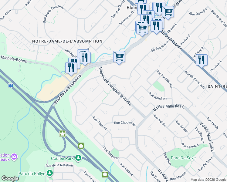 map of restaurants, bars, coffee shops, grocery stores, and more near 989 Boulevard Jacques Saint Andre in Blainville