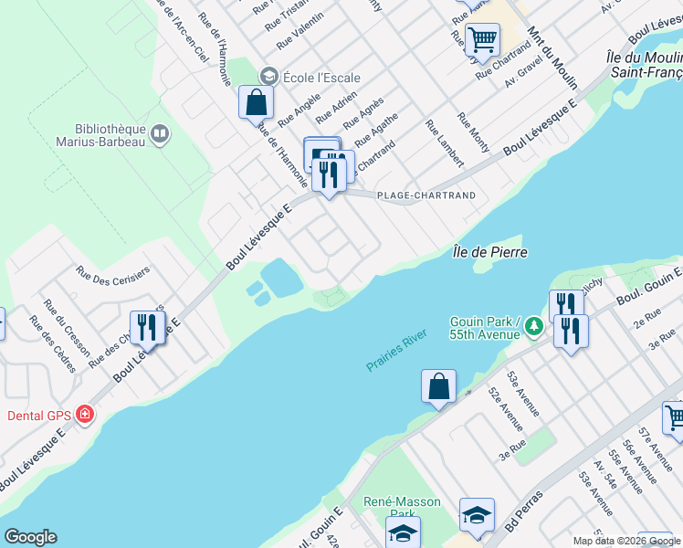 map of restaurants, bars, coffee shops, grocery stores, and more near 430 Rue de l'Harmonie in Laval