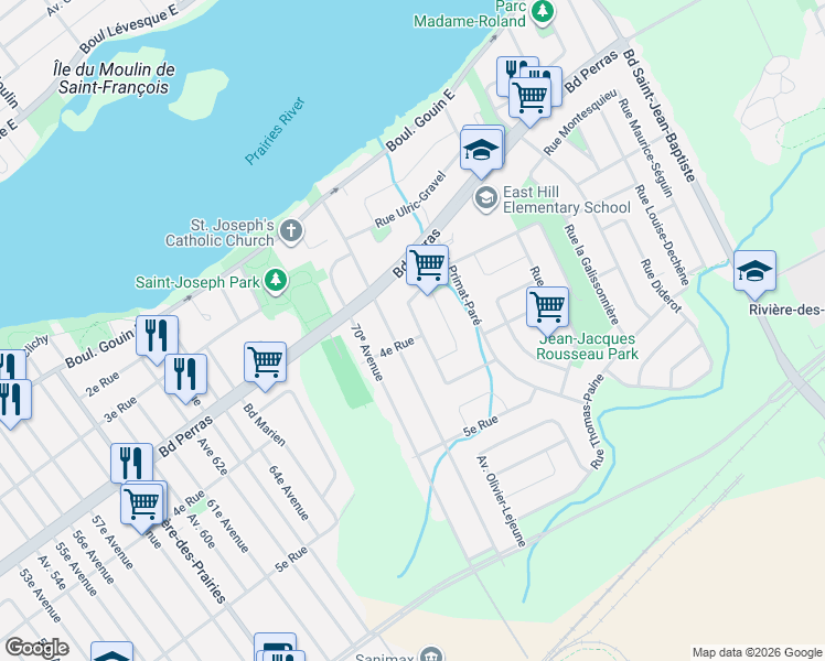 map of restaurants, bars, coffee shops, grocery stores, and more near 12404 Rue Ferdinand Bastien in Montréal