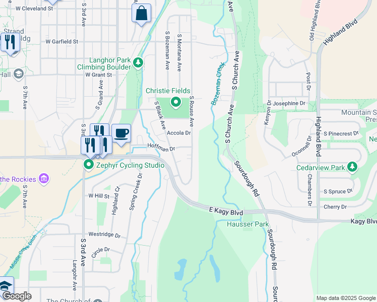 map of restaurants, bars, coffee shops, grocery stores, and more near 1905 South Rouse Avenue in Bozeman