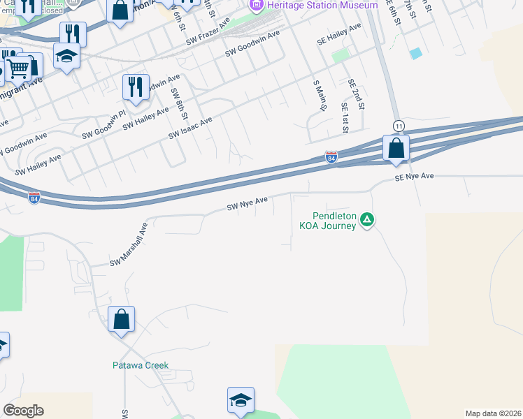 map of restaurants, bars, coffee shops, grocery stores, and more near 1317 Southwest 3rd Place in Pendleton
