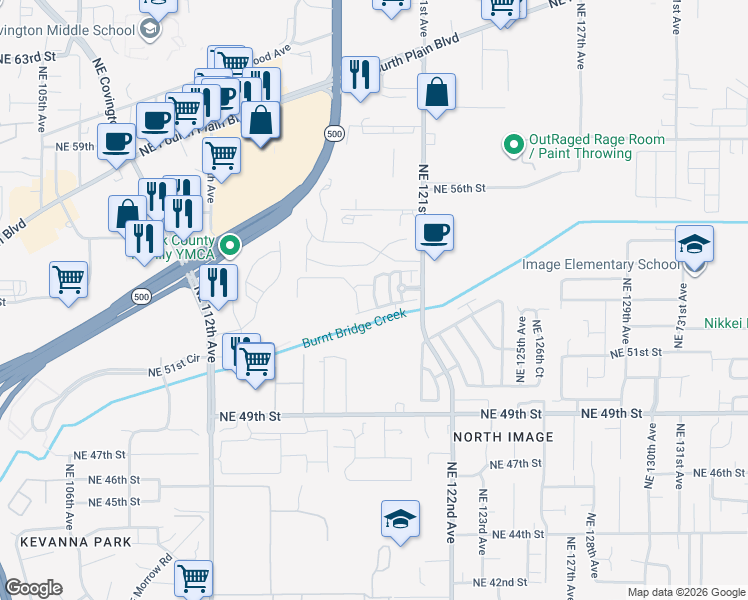 map of restaurants, bars, coffee shops, grocery stores, and more near 5264 Northeast 121st Avenue in Vancouver