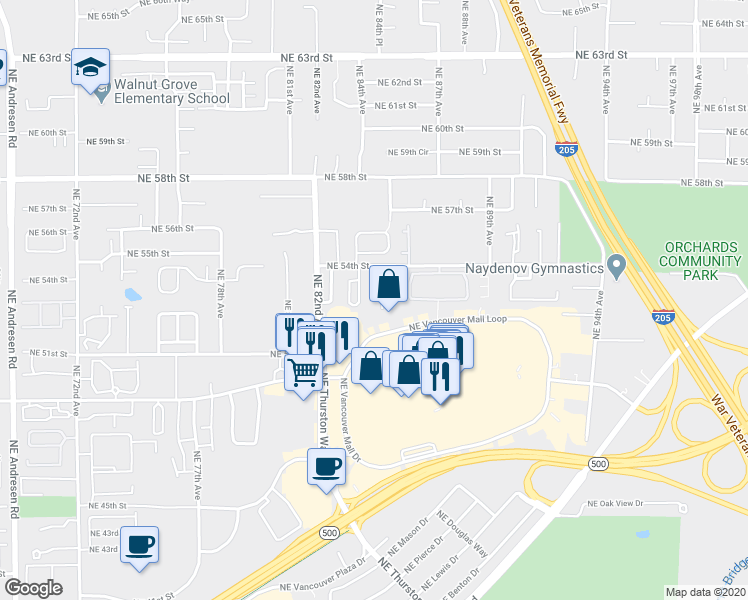 map of restaurants, bars, coffee shops, grocery stores, and more near 8700 Northeast Vancouver Mall Loop in Vancouver