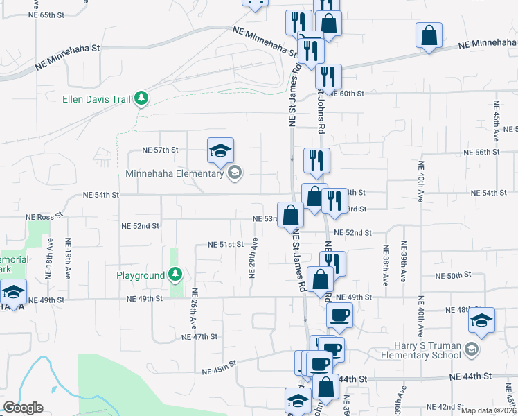 map of restaurants, bars, coffee shops, grocery stores, and more near 3005 Northeast 53rd Street in Vancouver