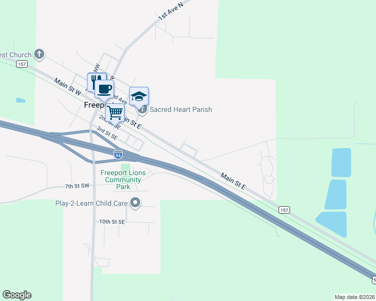 map of restaurants, bars, coffee shops, grocery stores, and more near 511 Main Street East in Freeport