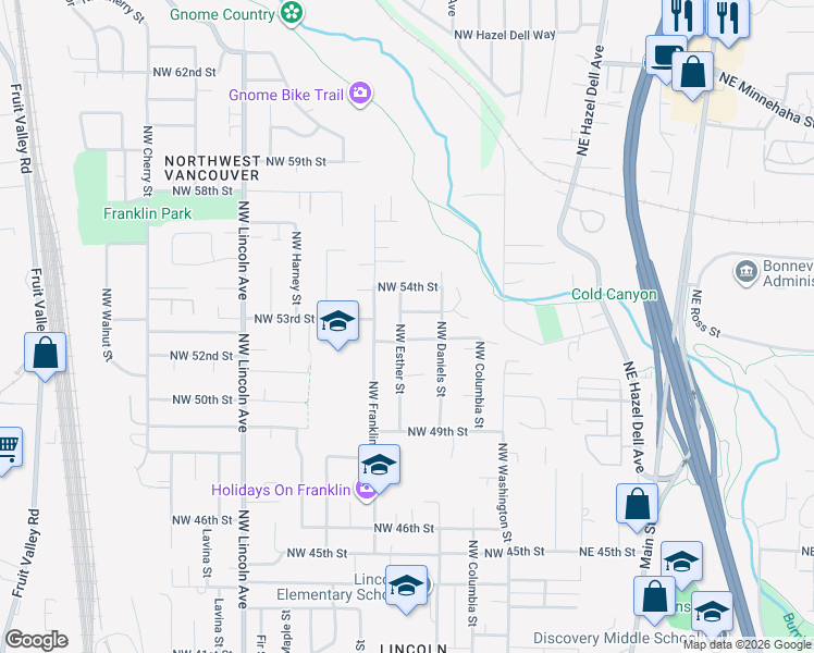 map of restaurants, bars, coffee shops, grocery stores, and more near 5229 Northwest Esther Street in Vancouver
