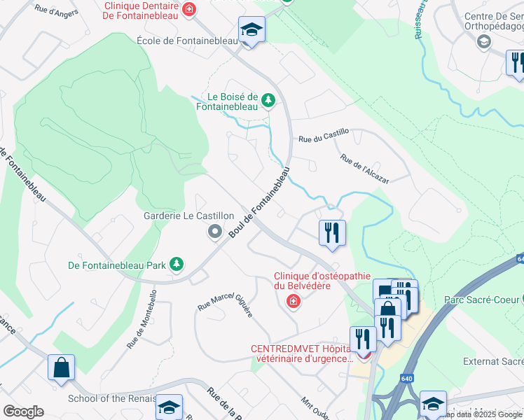map of restaurants, bars, coffee shops, grocery stores, and more near 572 Boulevard de Fontainebleau in Blainville