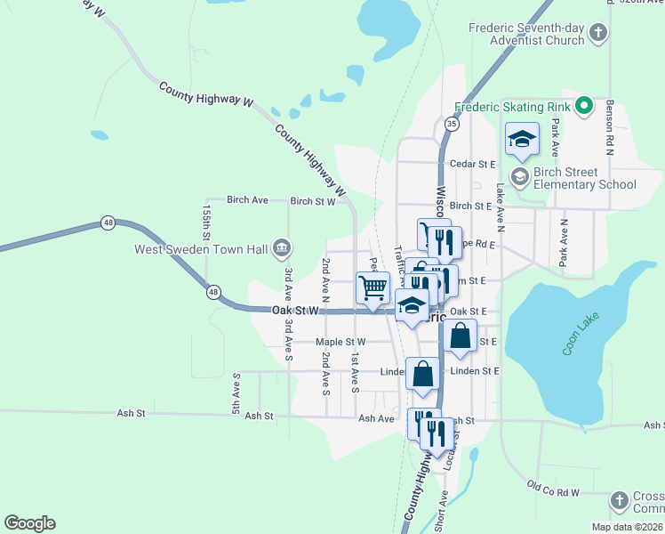 map of restaurants, bars, coffee shops, grocery stores, and more near 410 Pine Street in Frederic