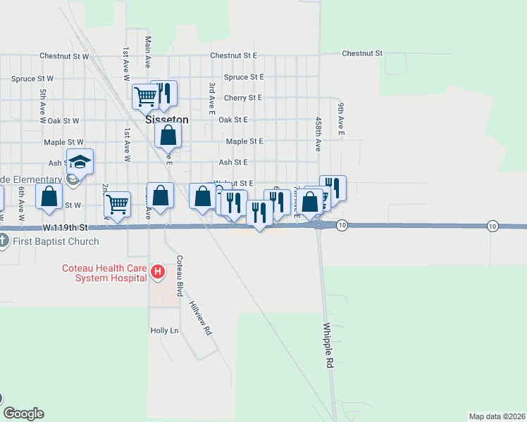 map of restaurants, bars, coffee shops, grocery stores, and more near 101-199 5th Avenue East in Sisseton