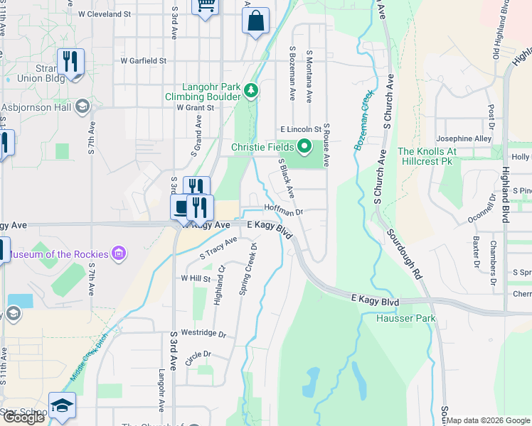 map of restaurants, bars, coffee shops, grocery stores, and more near 1701 South Black Avenue in Bozeman