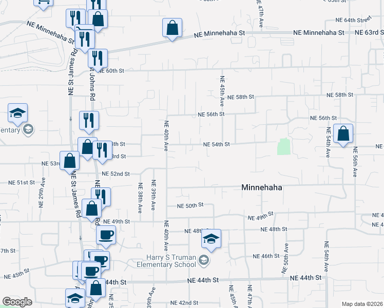 map of restaurants, bars, coffee shops, grocery stores, and more near 4206 Northeast 54th Street in Vancouver