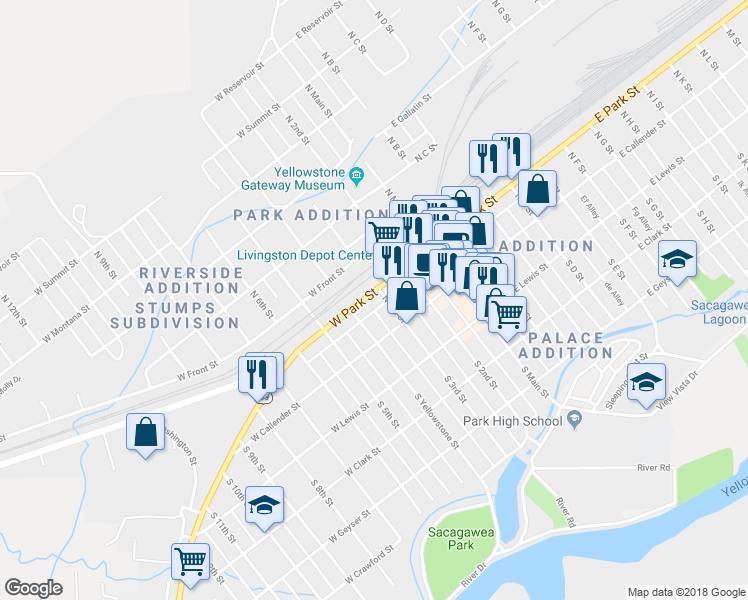 map of restaurants, bars, coffee shops, grocery stores, and more near 305 West Park Street in Livingston