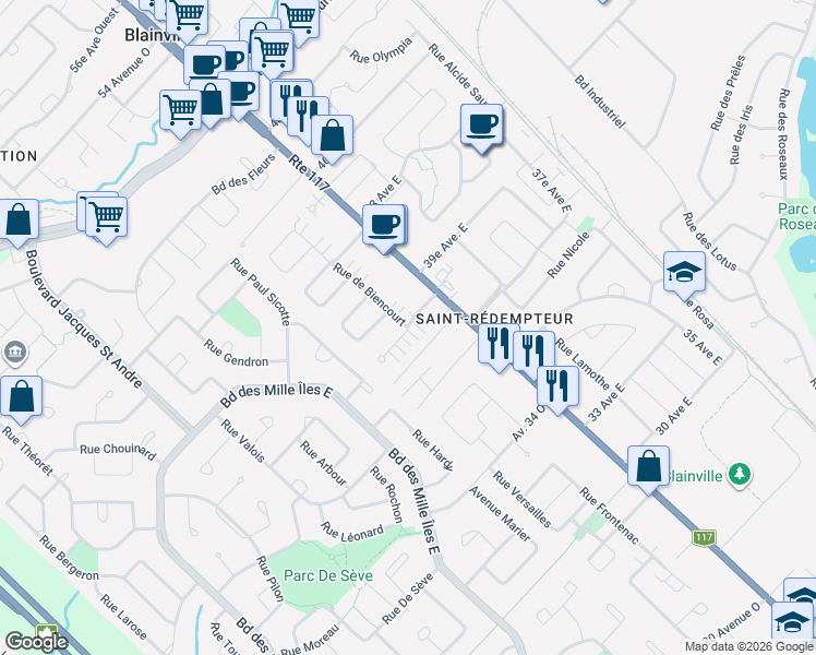 map of restaurants, bars, coffee shops, grocery stores, and more near 38e Avenue Ouest in Blainville