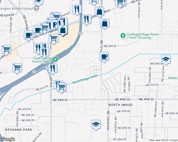 map of restaurants, bars, coffee shops, grocery stores, and more near 5404 Northeast 121st Avenue in Vancouver