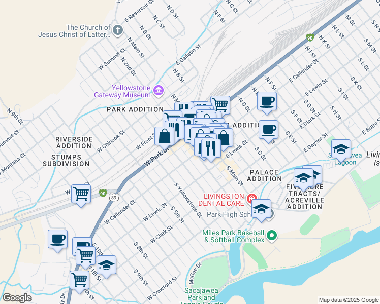 map of restaurants, bars, coffee shops, grocery stores, and more near 105 North 2nd Street in Livingston