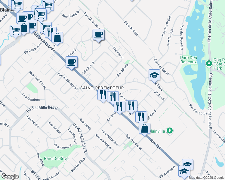 map of restaurants, bars, coffee shops, grocery stores, and more near 7 Avenue 35 Est in Blainville