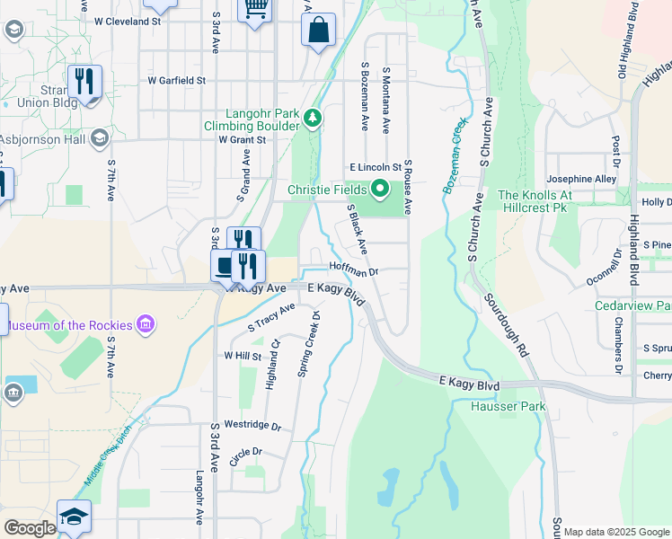 map of restaurants, bars, coffee shops, grocery stores, and more near 1701 South Black Avenue in Bozeman