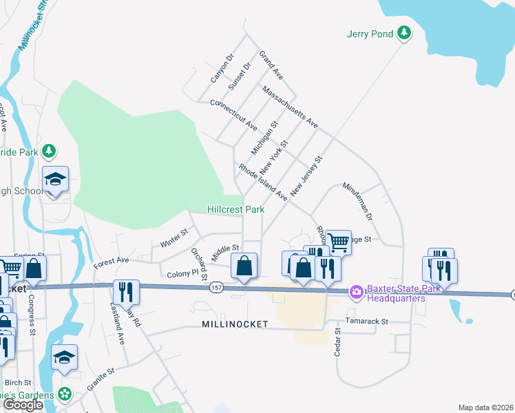map of restaurants, bars, coffee shops, grocery stores, and more near 104 Ohio Street in Millinocket
