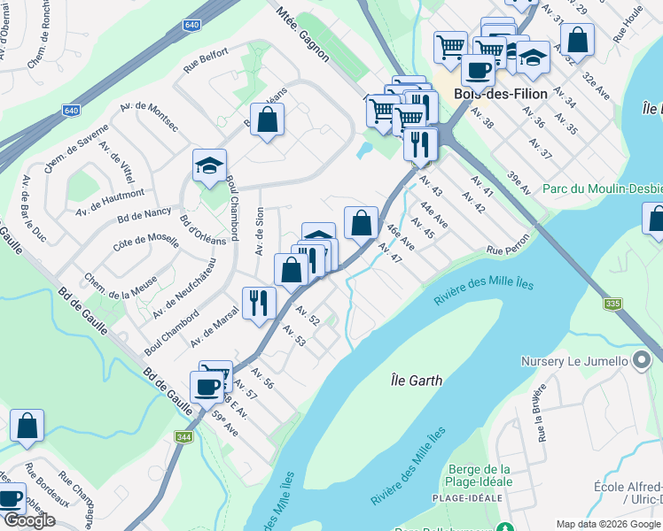 map of restaurants, bars, coffee shops, grocery stores, and more near 75 51e Avenue Nord in Bois-des-Filion