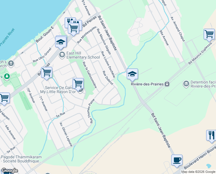 map of restaurants, bars, coffee shops, grocery stores, and more near 10536 Rue Thomas-Paine in Montréal