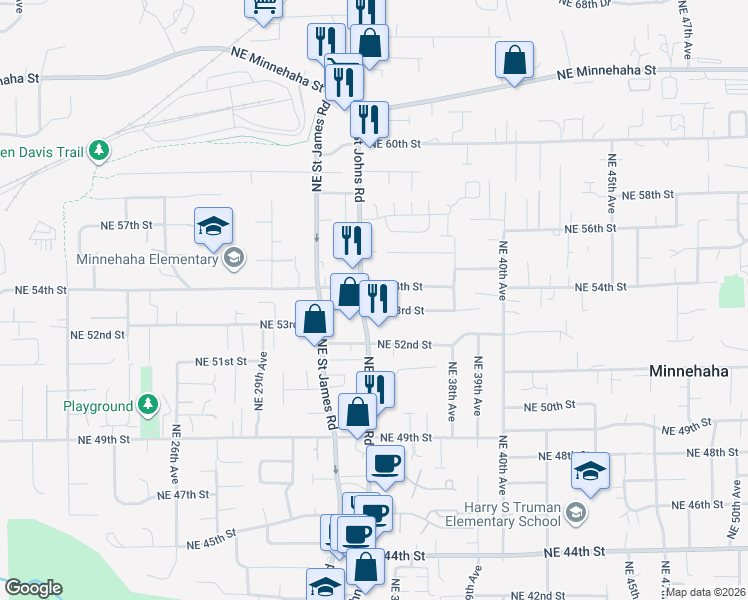 map of restaurants, bars, coffee shops, grocery stores, and more near 3417 Northeast 54th Street in Vancouver